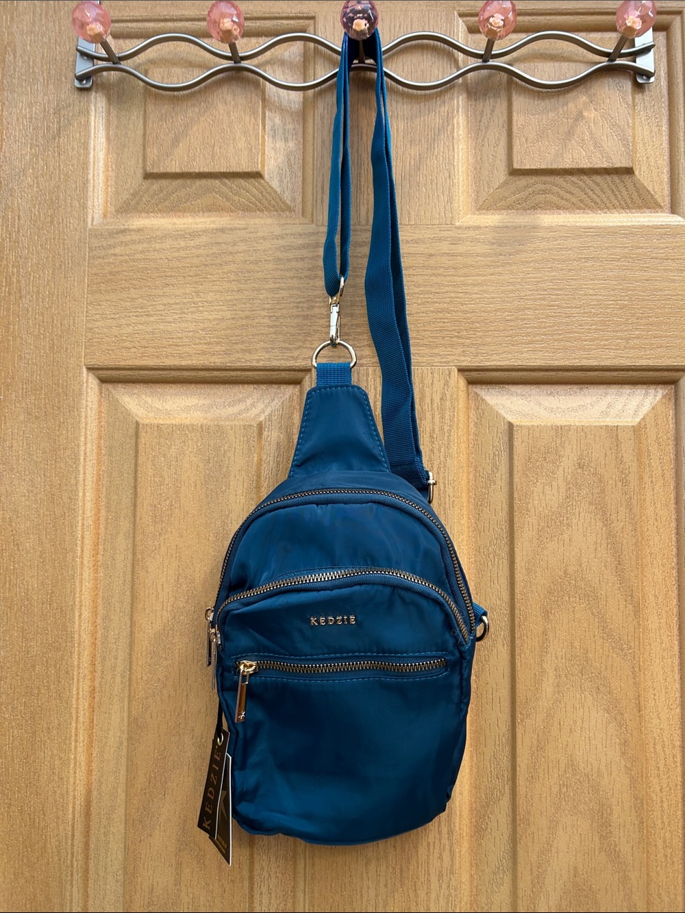 Kedzie Teal Nylon Crossbody Sling Bag, Multiple Pockets, Gold Zippers, NWT